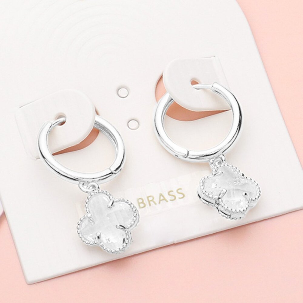 Quatrefoil Stone Cluster Dangle Huggie Earrings